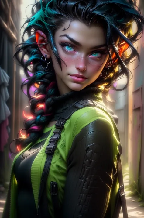 ((wide shot:1.6)), Unreal Engine:1.4, Ultra Realistic CG K, Photorealistic:1.4, Skin Texture:1.4, ((artwork 1 young woman full body:1.5)), ((black hair , green eyes, full lips and a sensual smile:1.5)), punk-style hairstyle with a shaved side:1.3, tattoos,...