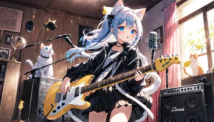 (1girl)、music room、girl playing electric guitar、Girl speaking into microphone stand、Cat ear、Clear eyes,