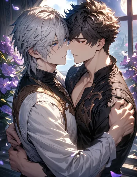 absurdres, highres, ultra detailed, HDR), masterpiece, Lucilius, white hair with bangs, white tunic, expressive blue eyes, Belial, black short hair, hair between the eyes, expressive red eyes, black clothes, 2men together, gay couple, handsome, granblue fa...