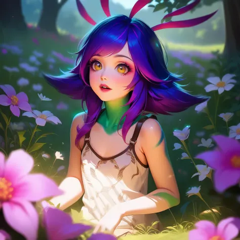 masterpiece, high quality, neeko, realistic, , 10 years old, childish
 detailed background, background meadow, many flowers