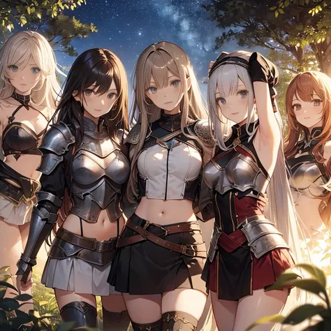 A group of young female knight, (in forest), various hair styles, harem, wearing armored clothes, metal armor, night, details face, , short skirt, seducing, sword, sleeveless , showing armpits, midriff, night, starry night 