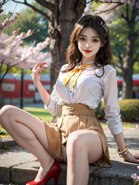 ((whole body)), ((from below)), ((walk in the park)), ((realistic)), 1 girl, looking at viewer, detailed scene, straight hair, air bang, beautiful hair accessories, brownish yellow hair, ((white colored blouse, Short tight skirt, neck bow tie, high heel)),...