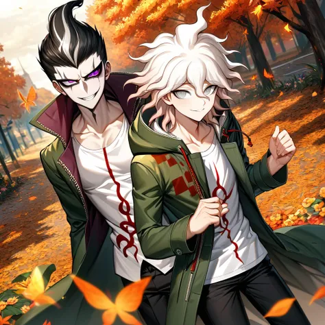 Ultra detailed, highres, absurdres, HDR, Komaeda Nagito, white hair, silver eyes, Danganronpa 2, Gundham Tanaka, black hair, green long coat, 2 gay man together, handsome, white t-shirt, autumn, black pants, flowers and petals, orange leaves, butterflies, ...