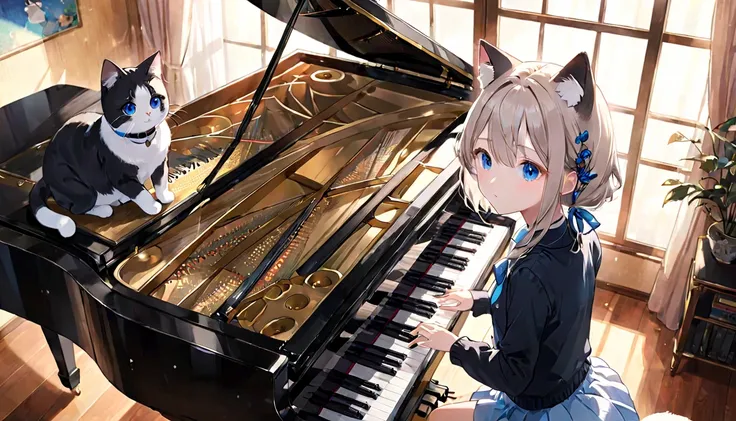 (1girl)、music room、girl playing classical piano、girl speaking into microphone stand、cat ear、clear eyes、depicted from a top-down ...