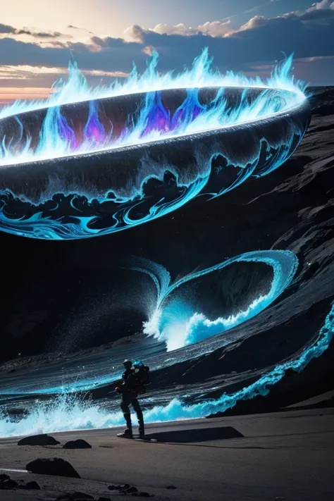 An energy wave with black and blue fire around