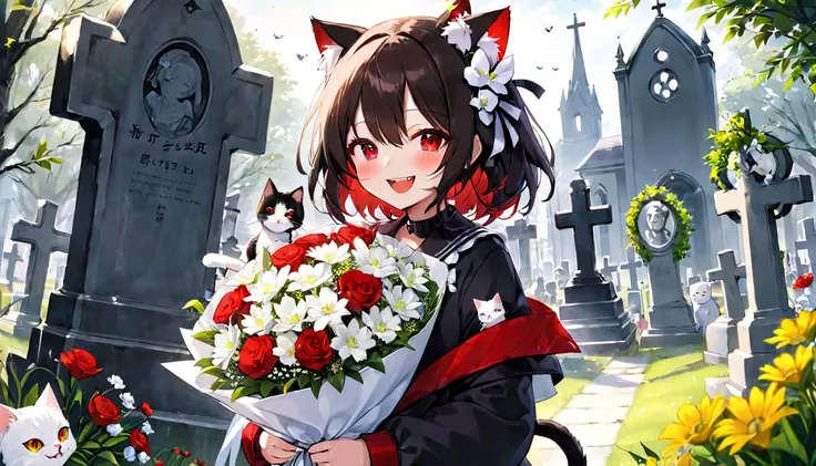 Laughing girl in the graveyard、big bouquet、white bouquet、Nekomimi girl、red eyes、one girl、Urban graveyards、Cat ear