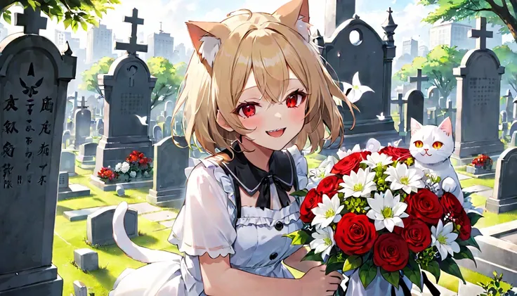 Laughing girl in the graveyard、big bouquet、white bouquet、Nekomimi girl、red eyes、one girl、Urban graveyards、Cat ear