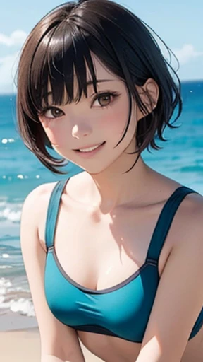 highest quality、realistic、Japanese、girl、zoom、look up、cute、orange eyes、short hair、black hair、all back、Forehead is coming out、Ocean、turquoise swimsuit、joy、Grinning、face close up、small breasts、slender