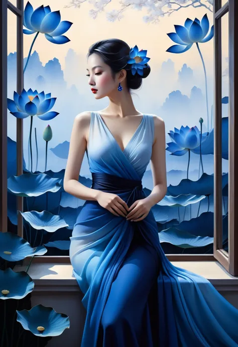 the scenery outside the window，looking out from the window，an elegant female figure wearing a blue gradient .  she is surrounded...