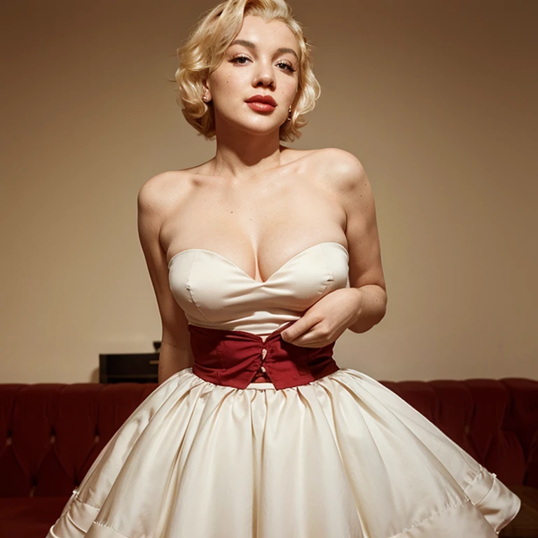 Marilyn Monroe in a strapless dress with a v-neckline