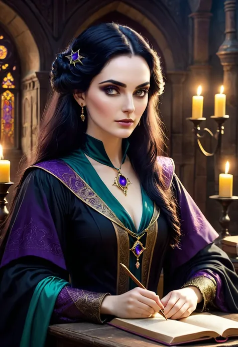 Professor Morgana Le Fay is an enigmatic and respected figure at Camelot University of Magic. Com seus cabelos escuros ondulados que caem sobre os ombros e olhos penetrantes que parecem capturar segredos antigos, she exudes an aura of mystery and wisdom. H...