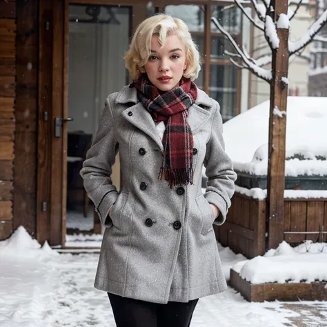 Marilyn Monroe in the snow wearing a coat and scarf