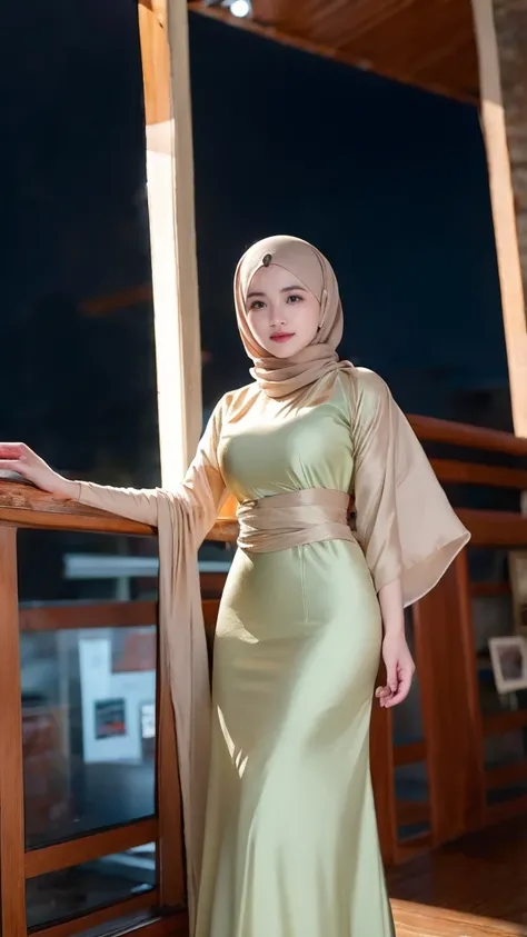 Craft an 8K digital masterpiece that portrays the Indonesian woman in hijab (medium breast , width waist, thigh thick, wide buttock, slim body) as the enchanting white java queen, her muslim gamis with  blue beautiful ornament billowing in the otherworldly...