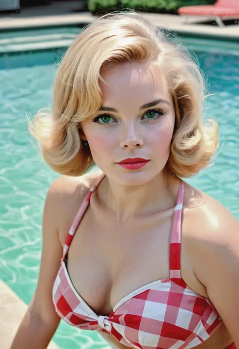 extremely detailed, realistic photo of a blond woman in a red and white plaid pattern bikini posing at poolside, 1960's, tuesday...