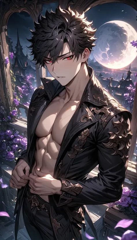 absurdres, highres, ultra detailed, HDR), masterpiece, Belial, black short hair, hair between the eyes, expressive red eyes, black clothes, black pants, 1man, handsome, granblue fantasy, purple flowers, purple petals, moon, window