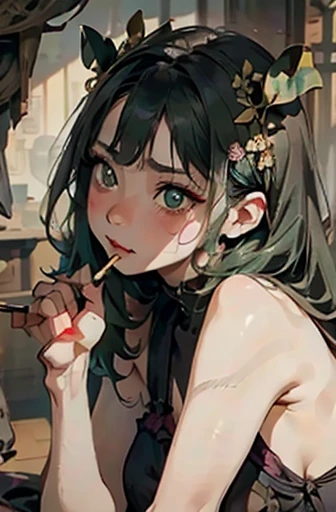 (masterpiece), (High resolution), (super delicate),,(Horror elements), bust up,((Alphonse Mucha 1.5))green hair、Clown makeup、Holding a cigarette
