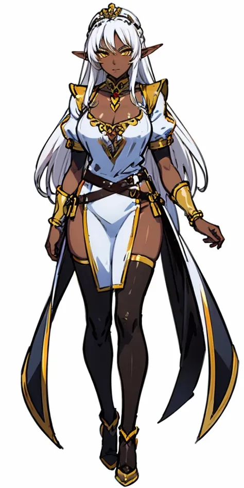 ((white background)) 1 solo dark elf pirotess black skin white hair, fullbody, yellow eyes, tiara, golden bracers, heart shape n...