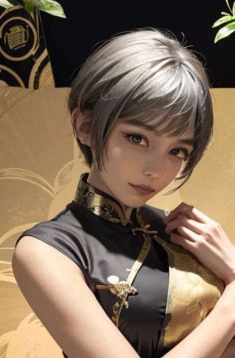 ((highest quality、8K、masterpiece:1.3)), (cute gold leaf pattern,  Black Cloth Cheongsam:1.5), clear, fine-textured skin、beautiful clear eyes、cleavage、Carefree and natural smile、(pixie cut,silver hair:1.5)、(My hair was messed up by the wind:1.3)、、Smiling be...