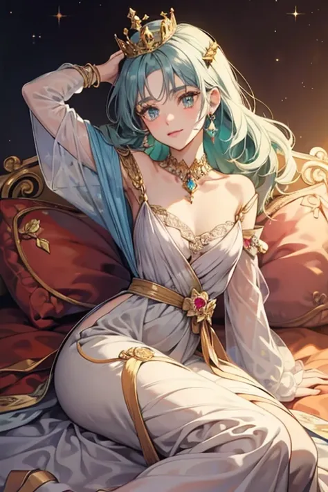 She has a right-hand arm sticking out of her head that bends to her left side. Her skin is a grayish blue-green and she doesnt have a neck. She has a golden band around her head just before her arm that has a diamond-shaped ruby in it and that is probably ...