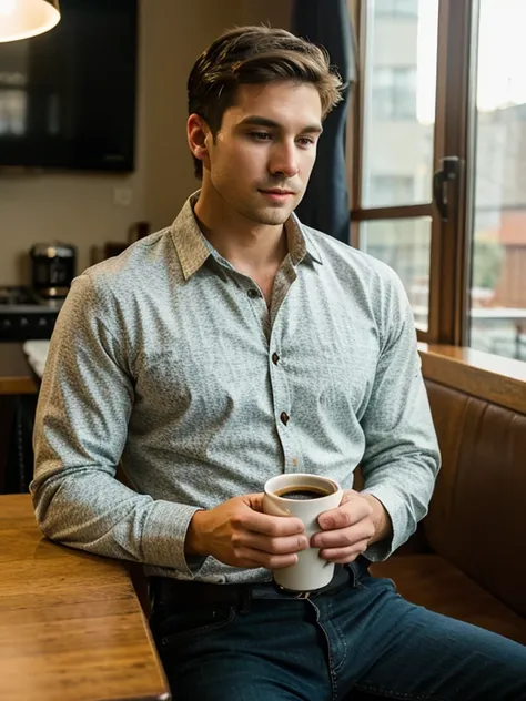 a 30 year old muscular male wearing long sleeve casual shirt, drinking coffee, soft lighting, masterpiece, best quality, 8k uhd, dslr, film grain, Fujifilm XT3 photorealistic painting,