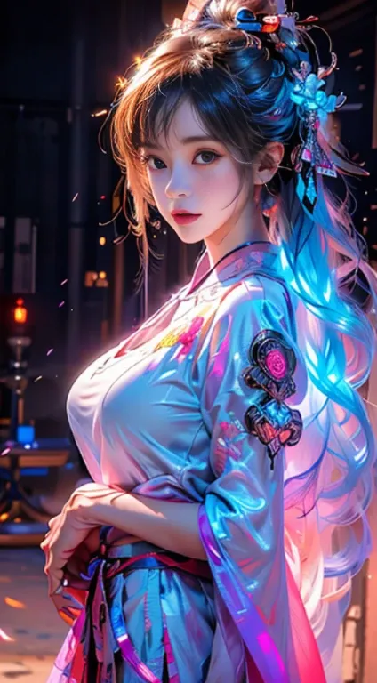 1 girl solo, perfect_hand, (8K, original photo, best quality, masterpiece:1.2), (actual, photo-actual:1.4), (extremely detailed CG unity 8K wallpaper),whole body, (neon lights), Machop, 機械hand臂, hanfu, Chinese clothes, skirt,beautiful breasts、huge breasts:...