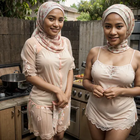 Realistic photo depicting 1 Indonesian woman in hijab, villager, poor woman, 50 years old, wearing floral pattern peach color hijab jilbab, wearing see-through peach color lace camisole, wearing white panties, wearing no footwear, smiling, dark skin, curvy...