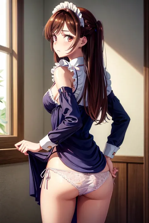 the woman is maid clothing and under ware, 1girl, solo, underwear, light blue panties, brown hair, side-tie panties, satin panties, brown eyes, ass, maid, long hair, looking back