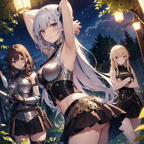 A group of young female knight, (in forest), various hair styles, harem, wearing armored clothes, metal armor, night, details face, , short skirt, seducing, sword, sleeveless , showing armpits, midriff, night, starry night 