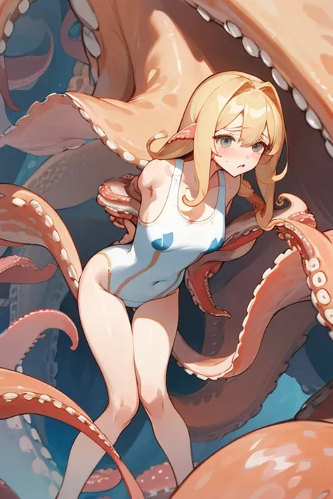 leaning forward、With both hands supporting the wall、bust: 86cm, waist: 52cm, Wearing a white school swimsuit and looking back over her shoulder、Blonde woman in her late teens with 78cm hips、desperate look、teary crotch is wet、high school girl、Giant Octopus ...