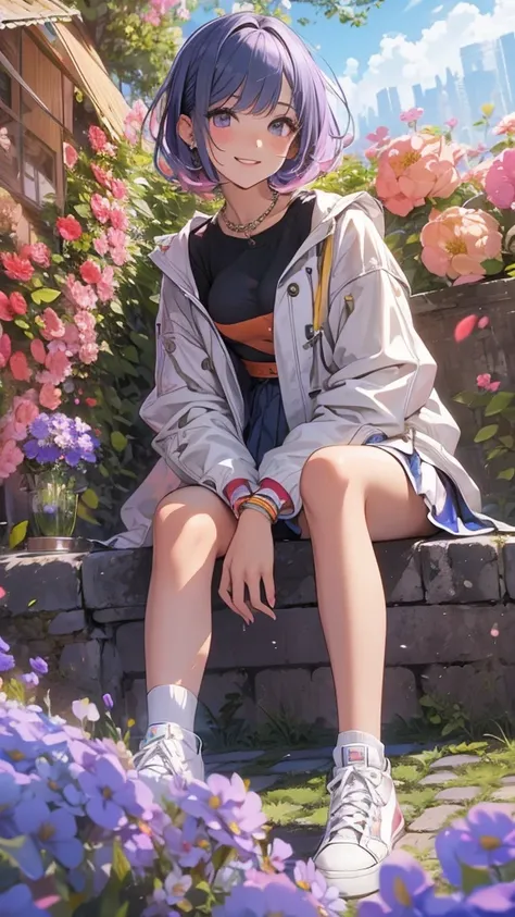 (Highly detailed CG unit 8k wallpaper, masterpiece, High resolution, highest quality, highest qualityのリアルテクスチャスキン), Fashion model sitting on the edge of a flower bed, Close-up:1.2, Nana Komatsu, smile, Asymmetrical coral short hair, Stalgic and inorganic f...