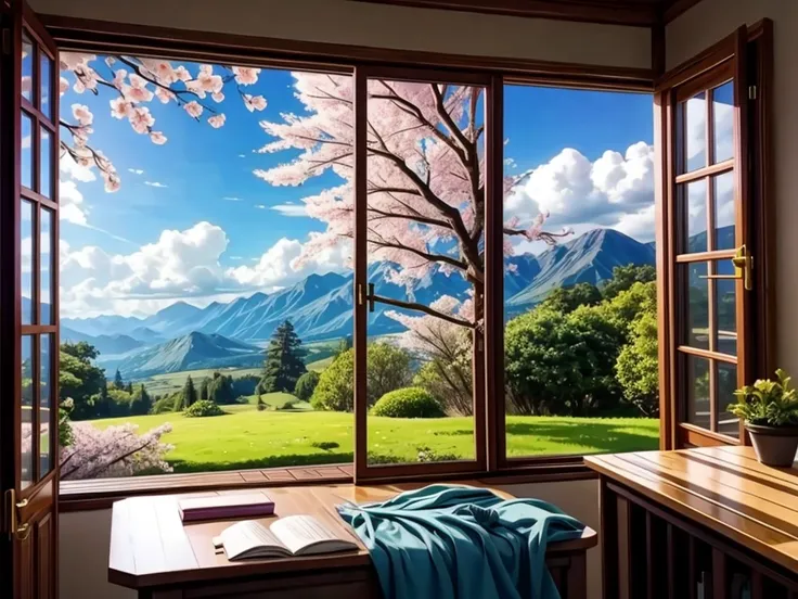 The View Outside the Window, From the window of the mountain hut, you can see the lush green mountains and cherry blossoms in full bloom, the blue sky, white clouds, and the refreshing spring breeze coming into the room and shaking the curtains.