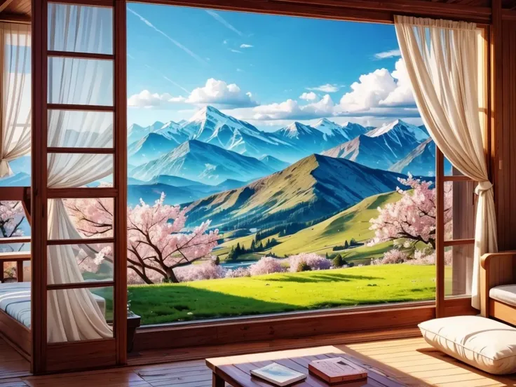 From the window of the mountain hut, you can see the lush green mountains and cherry blossoms in full bloom, the blue sky, white clouds, and the refreshing spring breeze coming into the room and shaking the curtains.