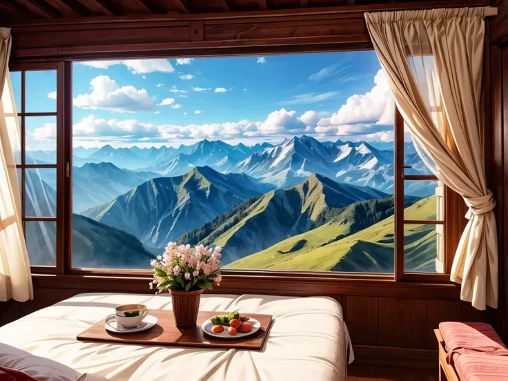 from the window of the mountain hut, you can see the lush green mountains and cherry blossoms in full bloom, the blue sky, white...