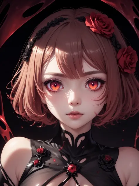 cat eye pupils iris of her eye, black red clothes, red glowing blood dripped roses, glowing flower feathers in her hair and eyes, glowing hearts circling her and a man, close up of upper body!!!!!, short hair, glistening makeup eyeliner eyes, wearing magic...