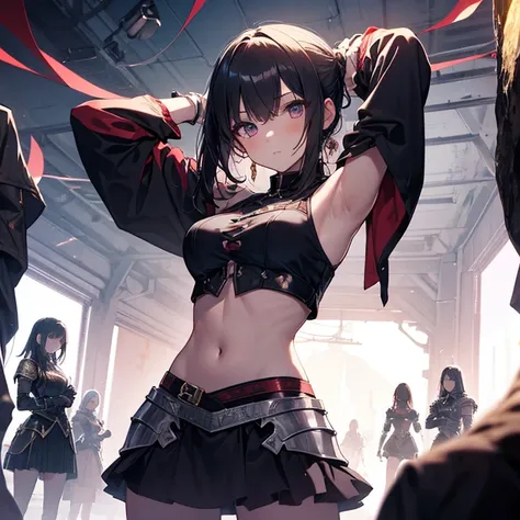 A group of young female knight, (inside dark cave), various hair styles, harem, wearing armored clothes, metal armor, night, details face, , short skirt, seducing, sword, sleeveless , showing armpits, midriff 