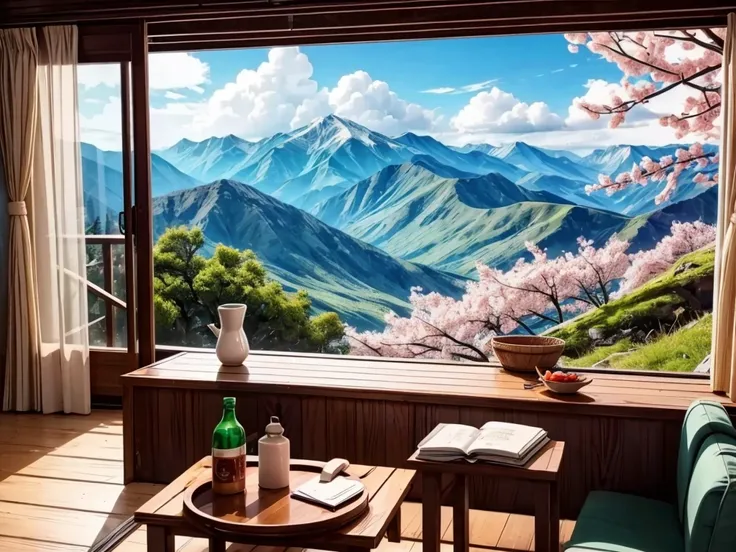 From the window of the mountain hut, you can see the lush green mountains and cherry blossoms in full bloom, the blue sky, white clouds, and the refreshing spring breeze coming into the room and shaking the curtains.  A girl sitting and viewing cherry blos...