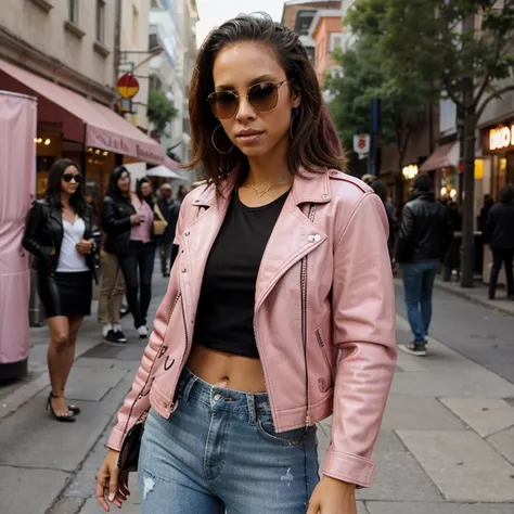 Alicia Keys dressed in pink leather jacket and jeans and sunglasses