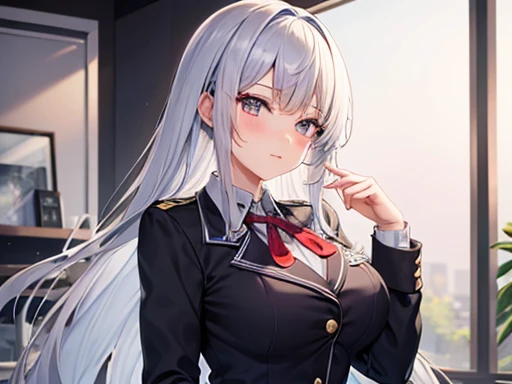 highest quality, super detailed, figure, silver hair, embarrassing，long haired person，cute face，big breasts,uniform,high school girl,anime