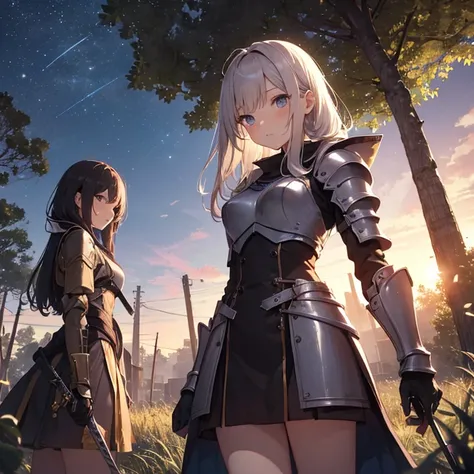 A group of young female knight, (in forest), various hair styles, harem, wearing armored clothes, metal armor, night, details face, , short skirt, seducing, sword,