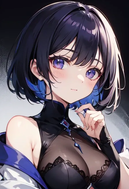 Witchs outfit, Anime-style portrait of a girl with a deep violet bob cut making eye contact with the camera, bright eyes, baby-faced, subtle smile, minimalistic background to emphasize character, high contrast, clean lines, digital painting, vivid colors