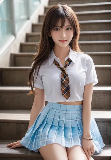 photograph, confused, High resolution, Super detailed, maid girl,:d,((Hair with loose waves on the inside:1.2)),(((gold necklace_Larger earrings:1.2)),((Super long brown hair:1.2))、((White collar shirt、light blue plaid pleated skirt:1.4)、、high 、((going dow...