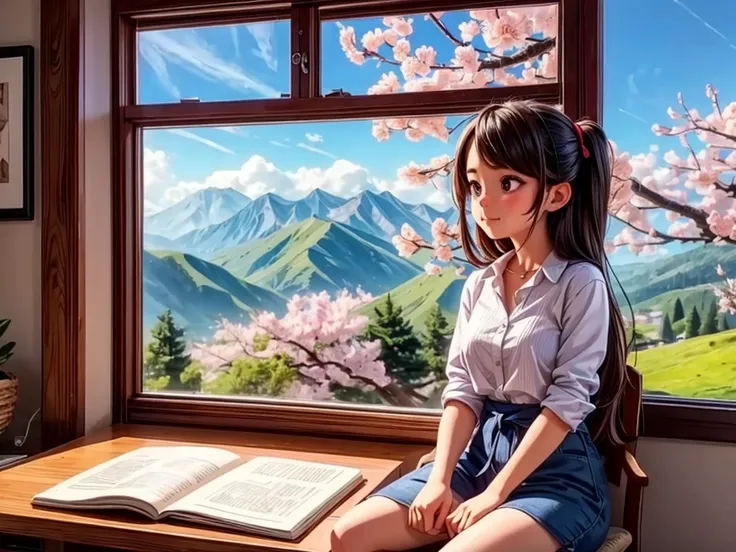 from the window of the mountain hut, you can see the lush green mountains and cherry blossoms in full bloom, the blue sky, white...