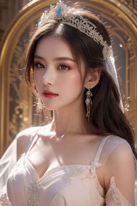 1 girl,alone,medium breasts,(full body photo:1.3),Lion 0261,Pink Dress 1.2、off shoulder dress,pearl (gem),tiara,veil,ピンクのWedding dress1.2、Wedding dress,, fine eyes, (detailed face), (portrait), (Tilt your head up), 
(((The call of beauty, great art, 
wonde...