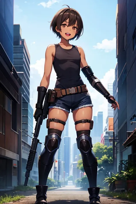 anime picture、full body portrait、A dark-skinned woman with short brown hair, standing upright, around 160cm tall, around 24 years old, wearing a tank top and shorts、smiling with open mouth、flat chest、Wearing elbow and knee protectors, gloves and boots、Shad...