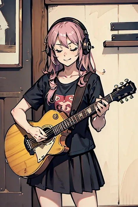 ((masterpiece,highest quality))1 girl, alone, black skirt, blue eyes, electric guitar, guitar, headphones, holding, holding plectrum, musical instrument, long hair, , music, one side up, pink hair, guitarを弾く, pleated skirt, black shirt, Indoors, looking do...