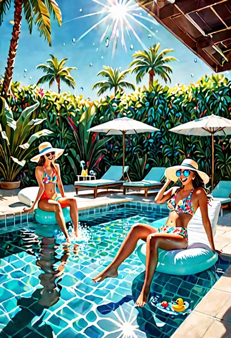 best quality,realistic,ultra-detailed,(highres,masterpiece:1.2),vivid colors,girls playing in the pool,detailed facial expressions,happy and joyful atmosphere,clear turquoise water,sparkling in the sunlight,refreshing splashes of water,beautiful summer day...