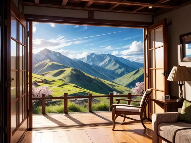 from the window of a mountain hut, you can see lush green hills and cherry blossoms in full bloom, blue sky, baiyun, the refresh...