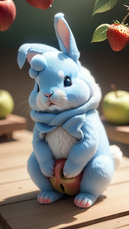 :3. Light blue rabbit, actual, hairy, animals in clothes, apple, Bear, Teak, cherry, food, fruit, whole body, have, non-human, strawberry, tomato, watermelon