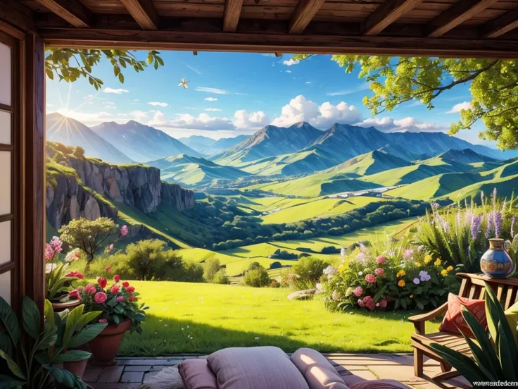 (best quality,4k,8k,highres,masterpiece:1.2),ultra-detailed,(realistic,photorealistic,photo-realistic:1.37),scenic countryside landscape,through a window,highly detailed trees,rolling hills and fields,lush green grass,vibrant flowers in full bloom,colorful...