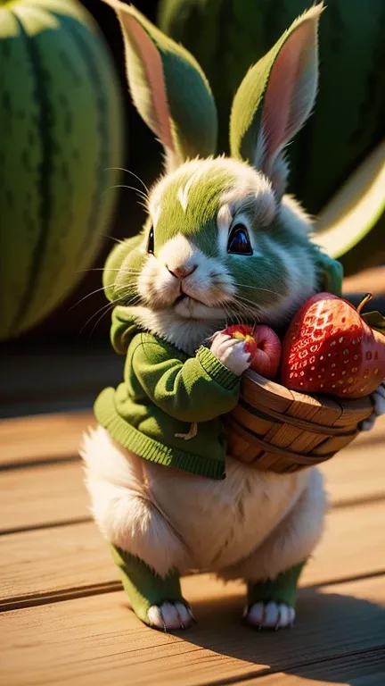 :3. Green rabbit, actual, hairy, animals in clothes, apple, Bear, Teak, cherry, food, fruit, whole body, have, non-human, strawberry, tomato, watermelon